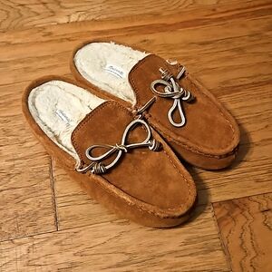 Madewell Suede Moccasin Scuff Slippers in Dried Cedar Size 9 Faux Fur Brown Tan